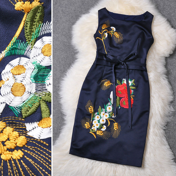 ネイビーブルー刺繍ニットビーニvestidosノースリーブベルト長さのカクテルドレス問屋・仕入れ・卸・卸売り