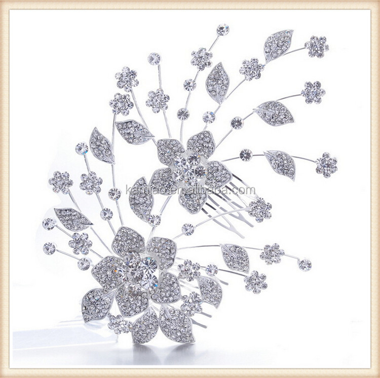 卸売ブライダルラインストーン銀メッキされた金属二重毛の櫛ヘアークリップの付属品花で飾られた問屋・仕入れ・卸・卸売り