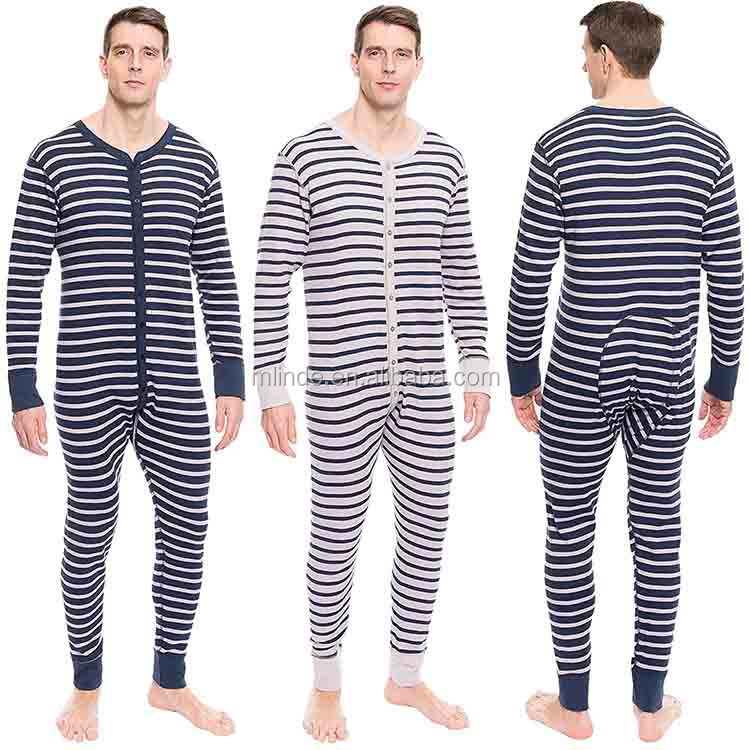 Plus Size Adult Onesie Pajamas Long Sleeve Stripe Waffle Knit Mens