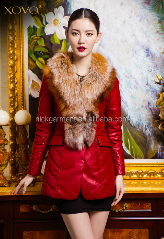 新しい到着の2014年女性スリムデザインのファッション羊本革キツネの毛皮の襟付きダウンコートpc016問屋・仕入れ・卸・卸売り