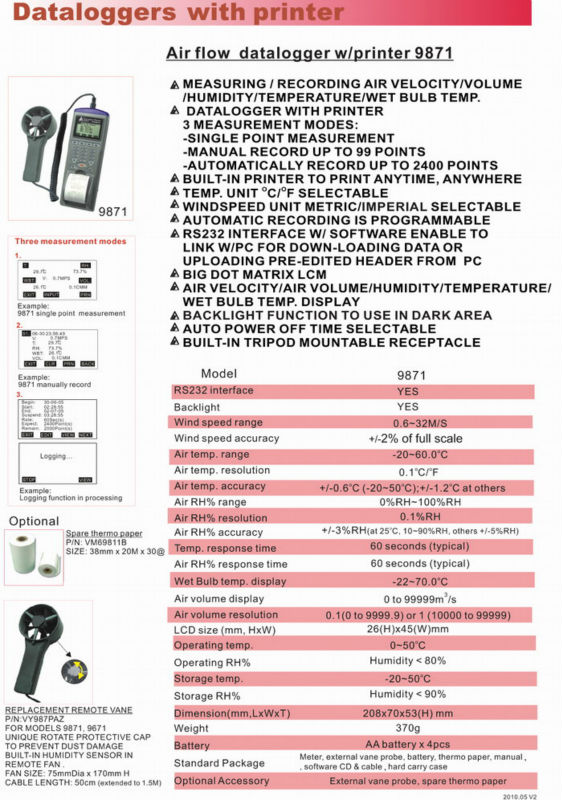 風速計データロガープリンタ付き空気の流れ/speed/温度/az9871湿度データロガー問屋・仕入れ・卸・卸売り