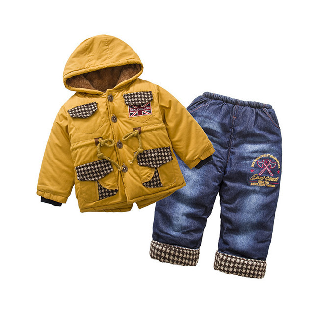 ヨーロッパの子供カジュアル2個2015赤ちゃん男の子の冬服刺繍デニムパンツと暖かい厚いコート仕入れ・メーカー・工場