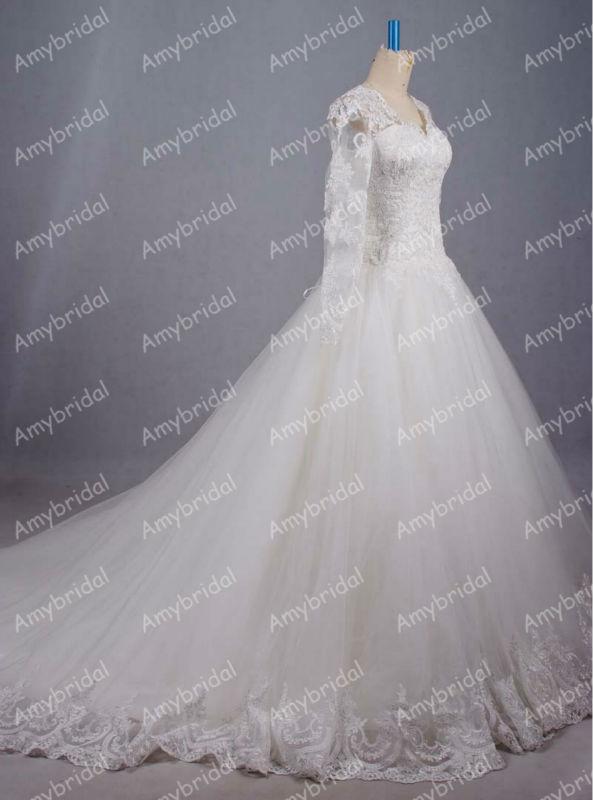 深いネックライン01557実像の花嫁の服の長い袖のレースのウェディングドレス仕入れ・メーカー・工場
