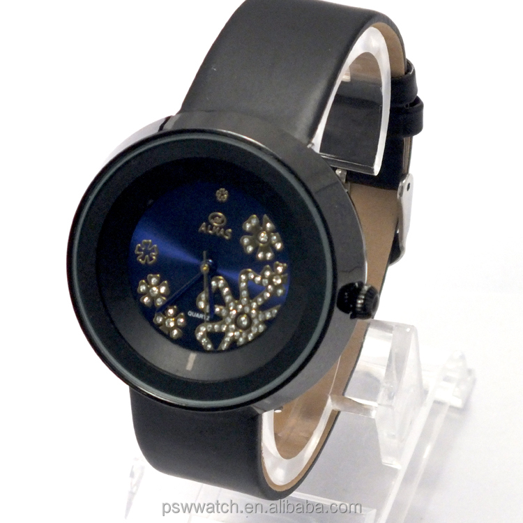 unique design black geneva flower watch lady fashion watch lady leather watch