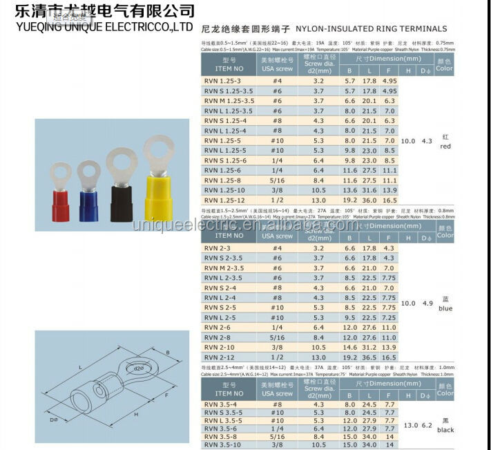 Rvn( a。 w。 g。 12- 10) ナイロン絶縁圧着termnals丸い銅線、 自動車用配線コネクタリング錫メッキ銅端子仕入れ・メーカー・工場