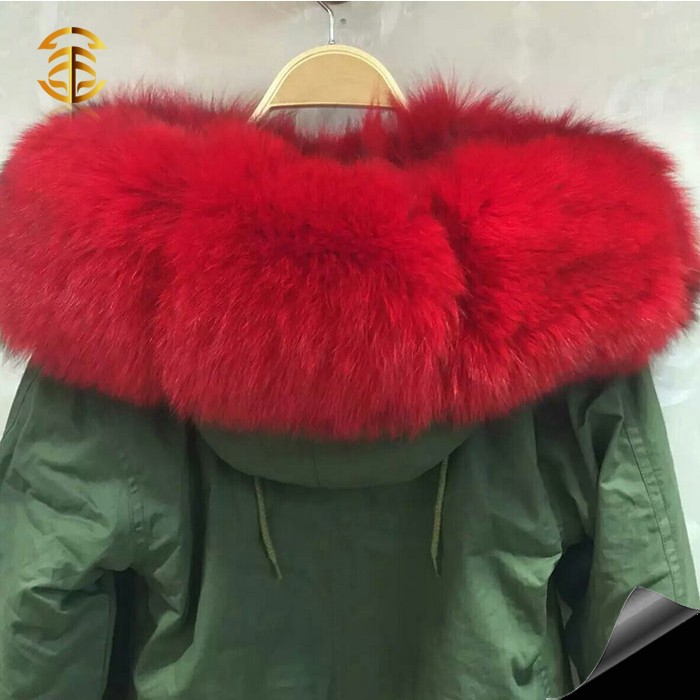 ミリタリーグリーン赤毛皮裏地襟冬キツネの毛皮パーカージャケット用女性仕入れ・メーカー・工場