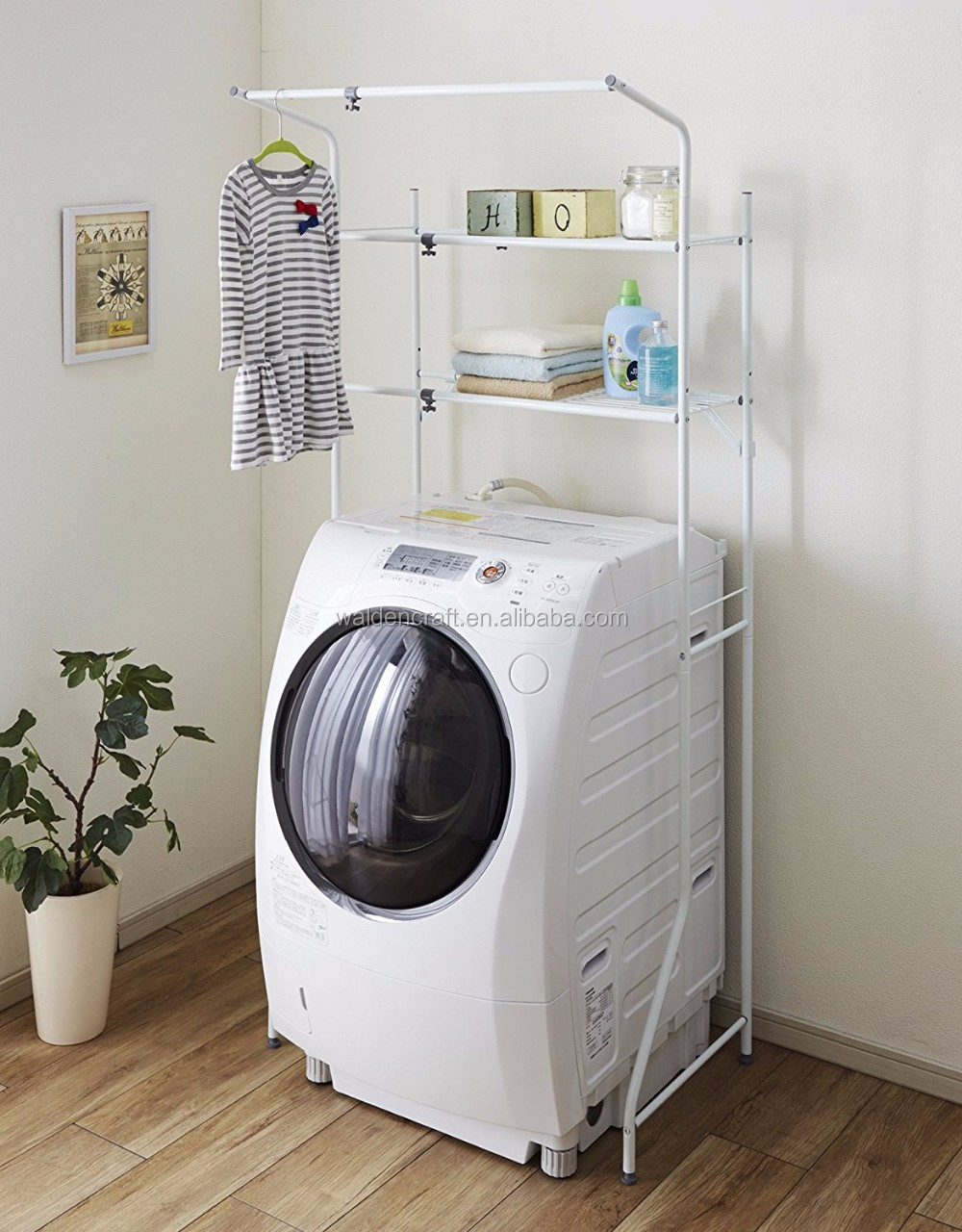 Laundry Room Metal 2 Tier With Rail Hanger Shelf For Towels And Coat