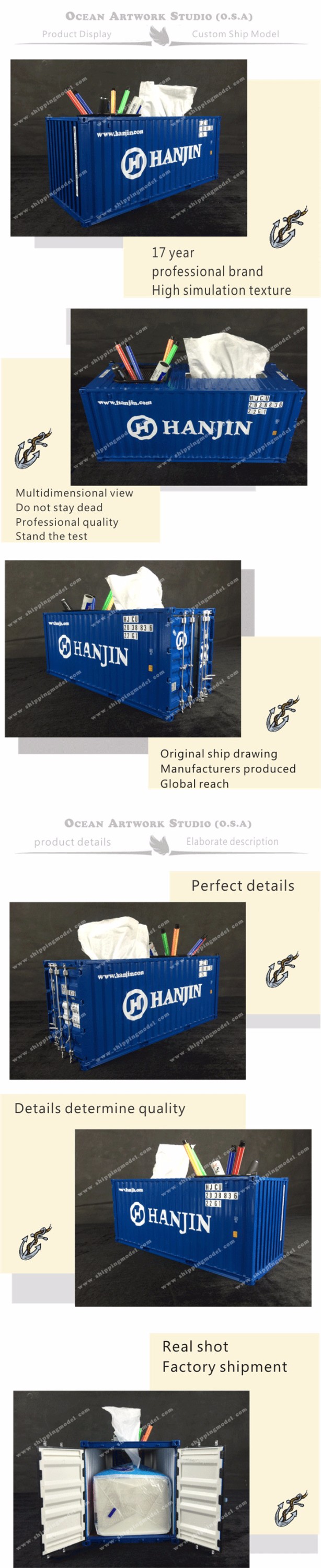  container model,container box model,model ships, HANJIN Tissue Box Pen Container model Manufactor, container vessel model make