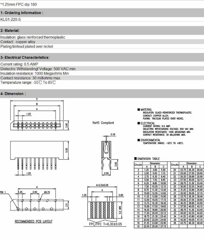 Ffc1.25mm/非ziffpcコネクタを持つ単一の連絡先トップエントリータイプulcerohs指令345678101214161820kls1-22036ピン仕入れ・メーカー・工場