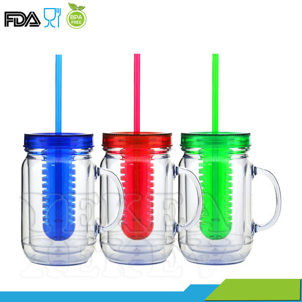 20 Oz Double Wall Plastic Straw Handle Mason Jars With Fruit Infuser