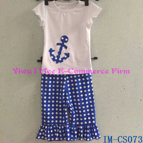 中国安価なフリルの服卸売かわいい赤ちゃん女の子ブルードットの綿カプリパンツim-cp002ある一つの大きなフリル仕入れ・メーカー・工場