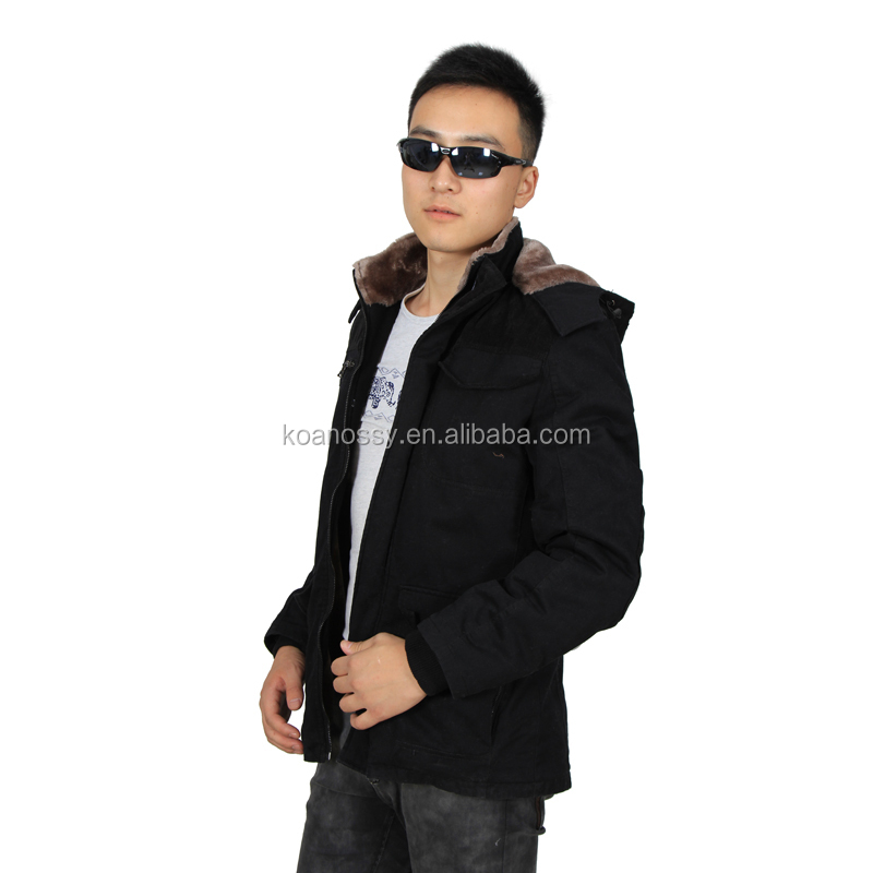 カジュアルスタイルジャケット、 黒の男性毛皮のコートファー付きフード仕入れ・メーカー・工場