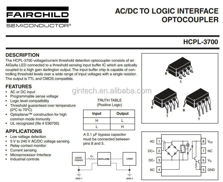 Ac/dc To Logic Interface Optocoupler Hcpl3700 Hcpl3700 A3700 Dip8