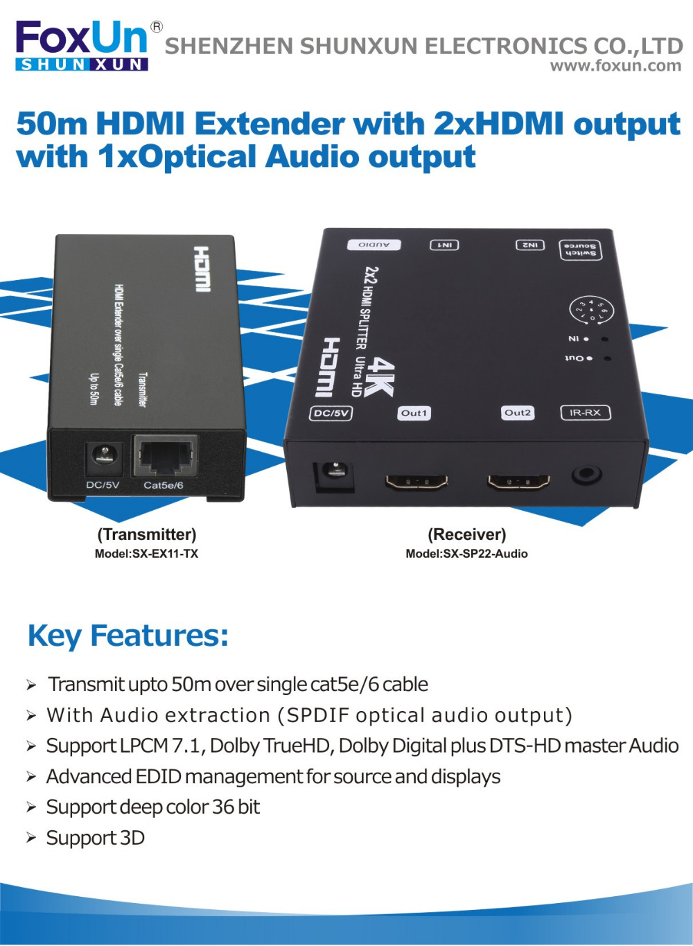 SX-Sp22-Audio 50メートルhdmiエクステンダー付き2 hdmiアウト置くサポートspdif仕入れ・メーカー・工場