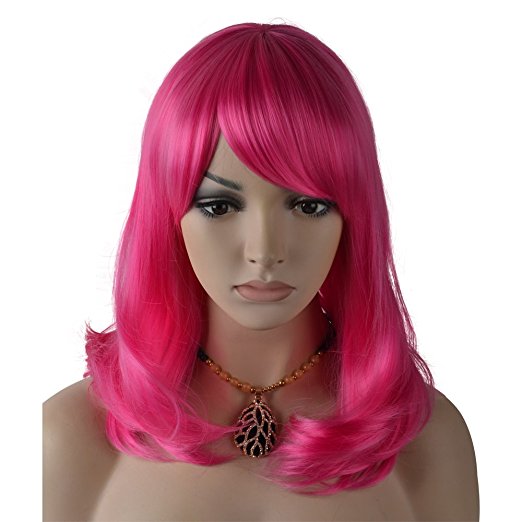 Hot Pink Wigs 14 Layered Curly Women Wig With Bangs Synthetic