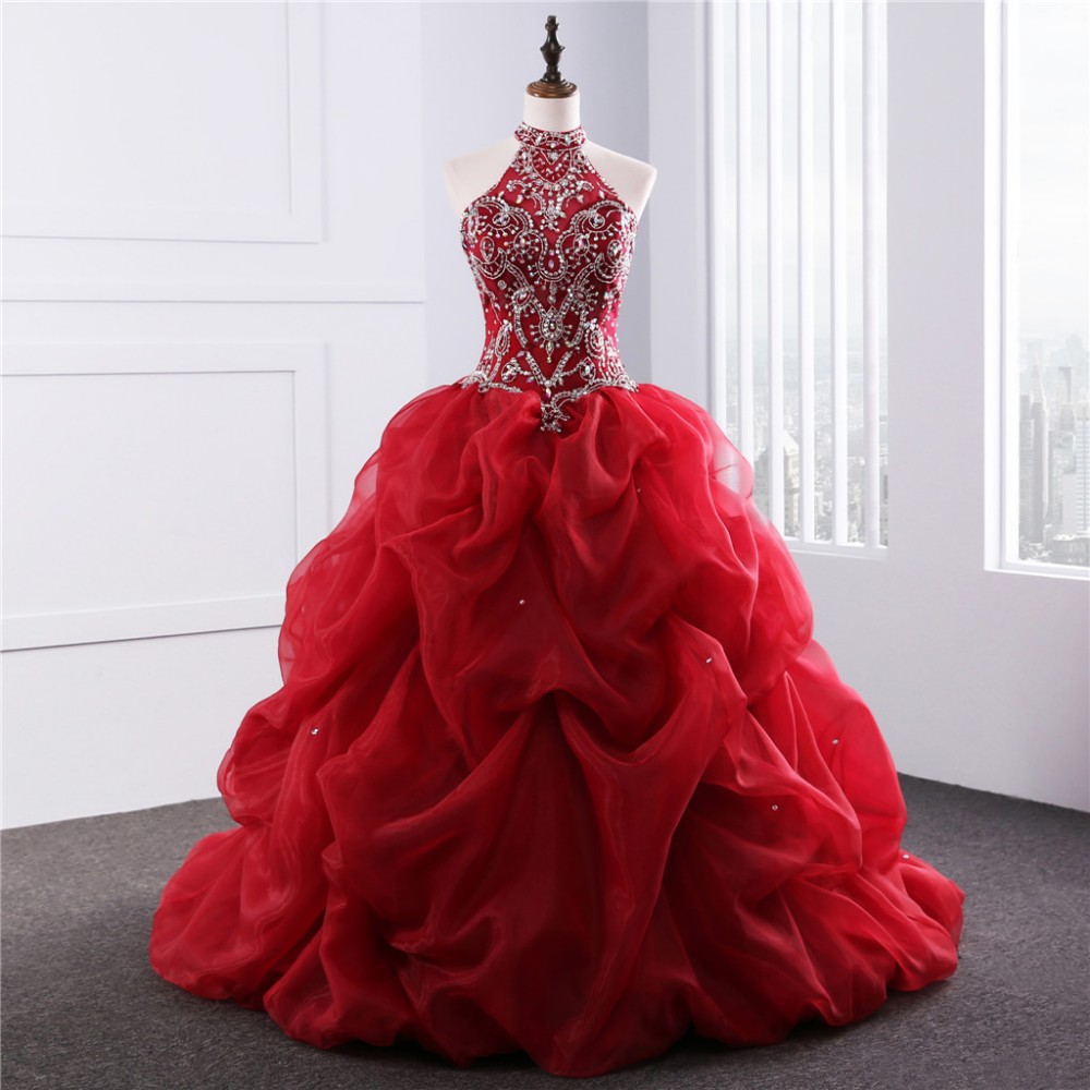 2018 Colored Wedding Dress Gorgeous Red Halter Neckline Bridal