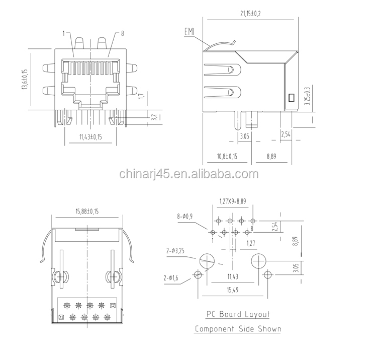 シールドrj4510p8c直角pcbモジュラージャックが、 emi指仕入れ・メーカー・工場