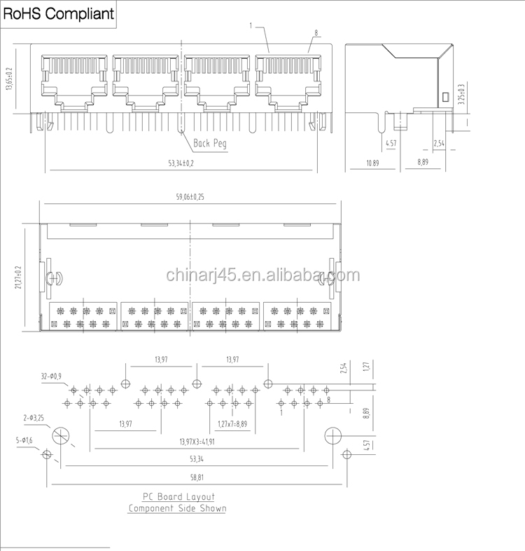 直角シールド1*4マルチ- ポートrj4510p8cモジュラージャックrj45メス基板実装仕入れ・メーカー・工場