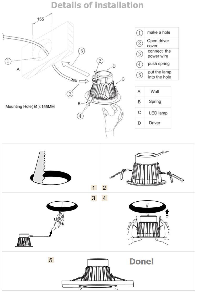 5インチ15ワットcob150mmカット穴とダウンライトを導いた仕入れ・メーカー・工場