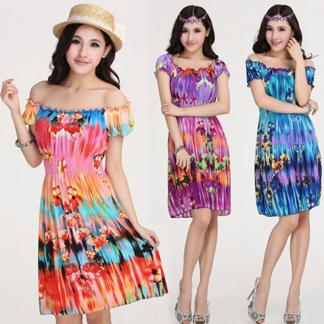 アリババチャイナドレス半袖最新の女性の夏のファッションの女性のプリント花のドレス甘いボヘミア問屋・仕入れ・卸・卸売り