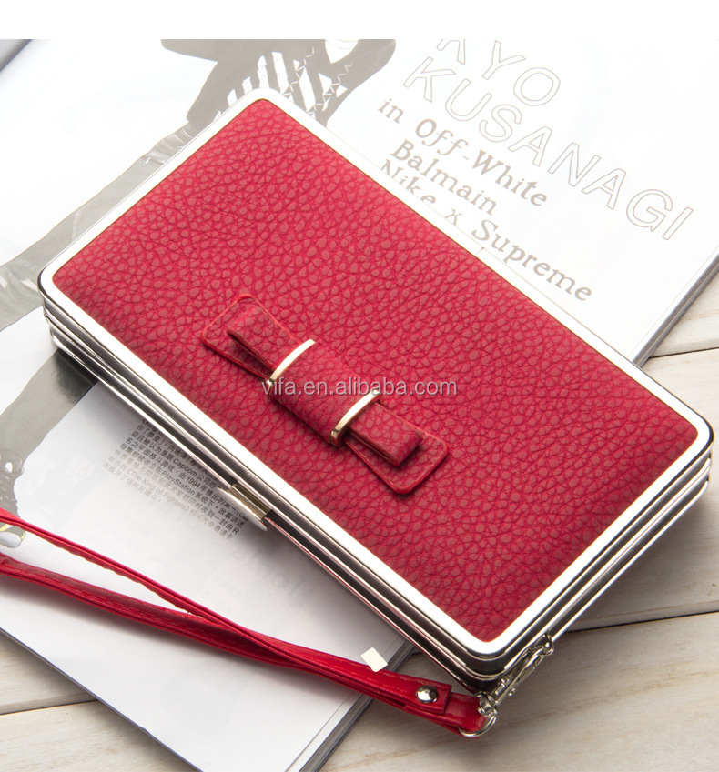 Pu Leather Women Metal Hinge Frame Flat Wallet With Bowknot Buy Flat