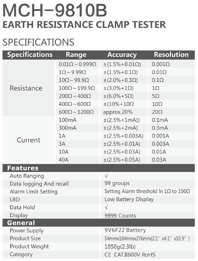 Mch-9810b接地抵抗クランプテスター、 データロギングの99グループ、 9999カウント問屋・仕入れ・卸・卸売り