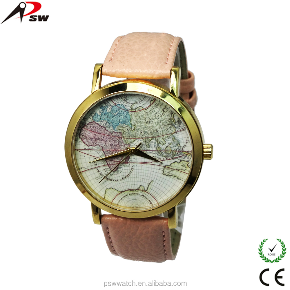 Genuine leather strap world map face japan movt quartz watch stainless steel