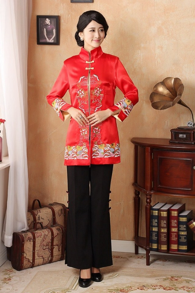 красный традиционный китайский одежда cheongsam qipao Тан блузка Топ длинный парча вышивка траншейные пальто для женщин, Свадебная одежда красный традиционный китайский одежда cheongsam qipao Тан блузка Топ длинный парча вышивка траншейные пальто для женщин, Свадебная одежда