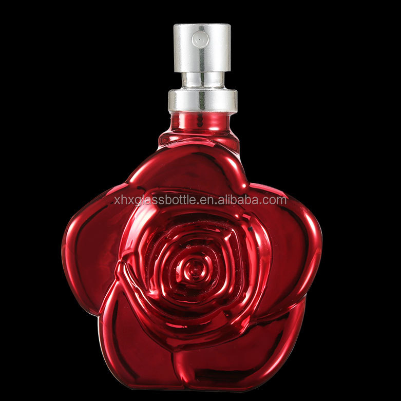 花の形のユニークなデザイン空のフレグランスボトル赤いバラ30ml女性メタリックuv香水のガラスボトル用ボトルパルファム仕入れ・メーカー・工場