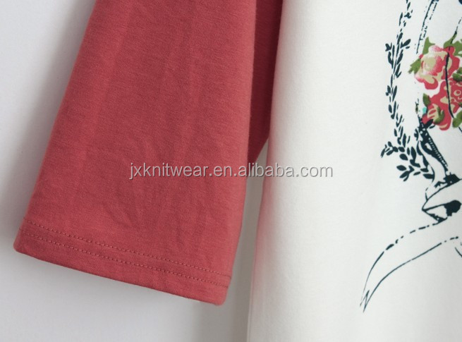 レディース`2014年コントラストカラーラグランスリーブクルーネックカラフルなプリント付きtシャツ問屋・仕入れ・卸・卸売り