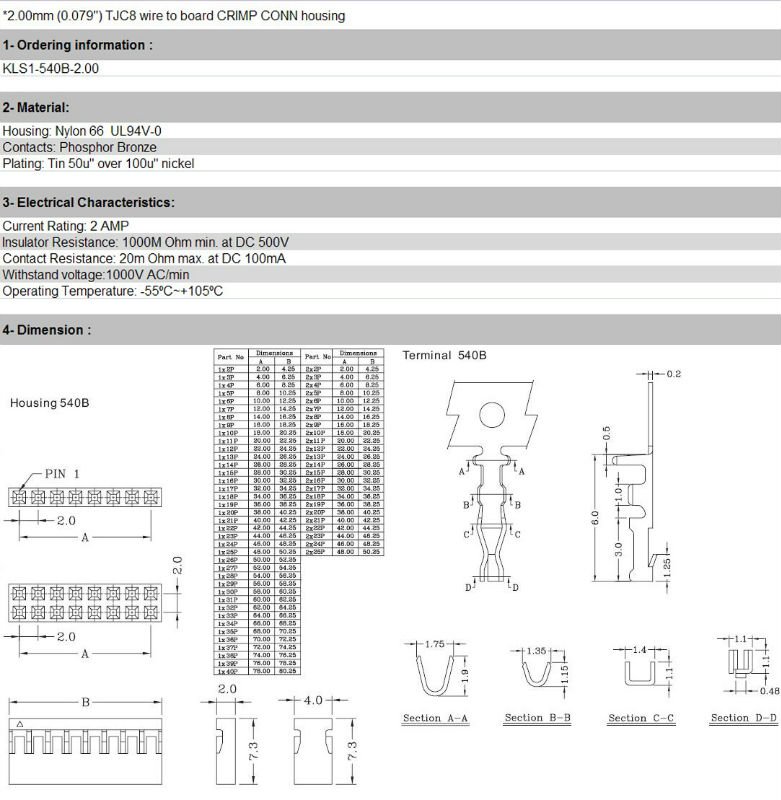 ワイヤコネクタ2.0mm23456789101213141516１71819204080kls1-540b-2.00、 ul、 cerohs指令仕入れ・メーカー・工場