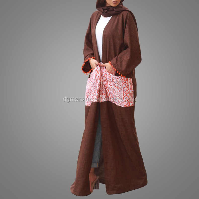 2017 fashion design printed pattern abaya dubai open linen abaya kimono muslim dress with pockets (3).jpg