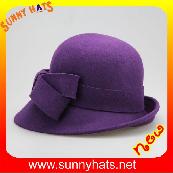 Elegant 100% wool round top felt hats for winter with stripe trim