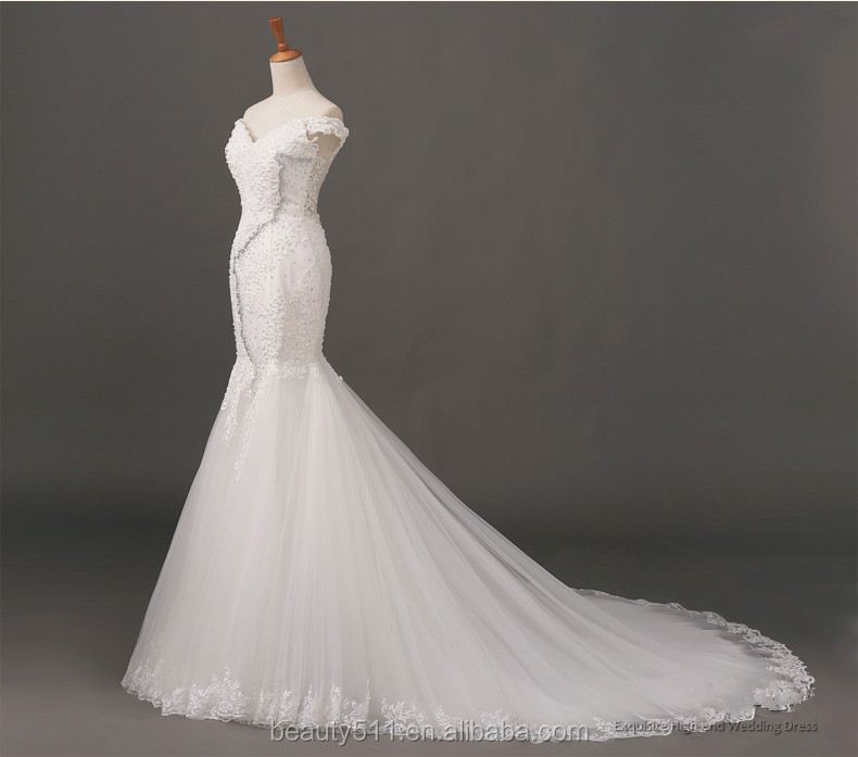 新しいデザインエレガントな刺繍2015オフ- ショルダーキャップスリーブ人魚のレースの長い袖のウェディングドレスの花嫁衣装bn10仕入れ・メーカー・工場