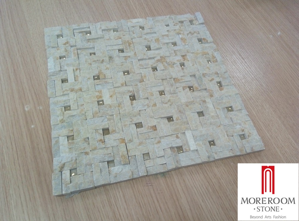 Beige Marble Honed Basketweave Mosaic Tile with golden Dots (3).jpg