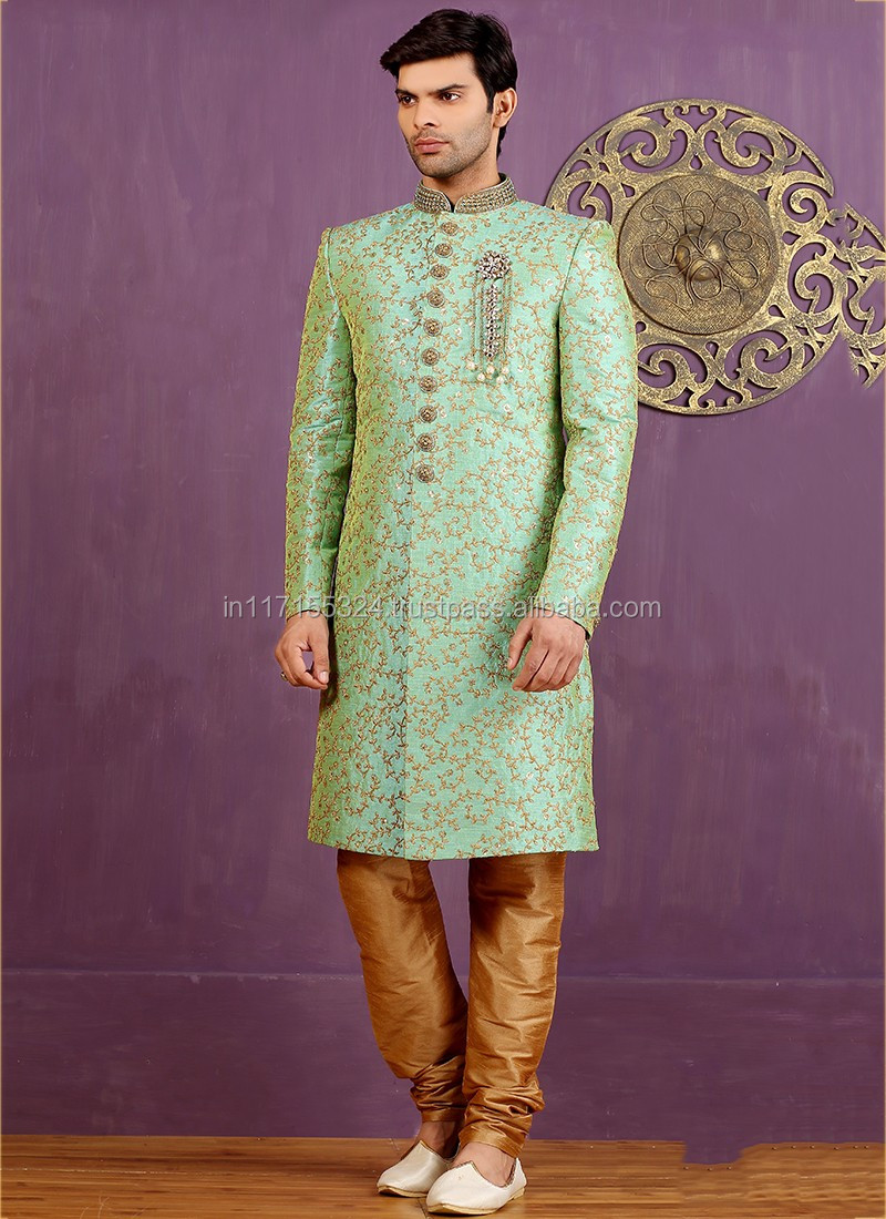 Light Green Jacquard Wedding Wear Embroidered Work Sherwani Buy