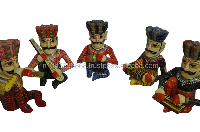 インドの家庭の装飾ハンドメイド木製の彫刻を描いた/像のミュージシャン5個入りのセット問屋・仕入れ・卸・卸売り