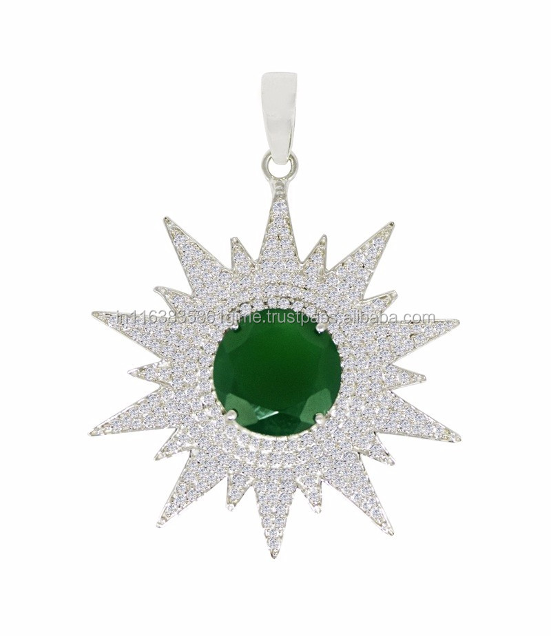 powerful sun star design 925 sterling silver green onyx & white