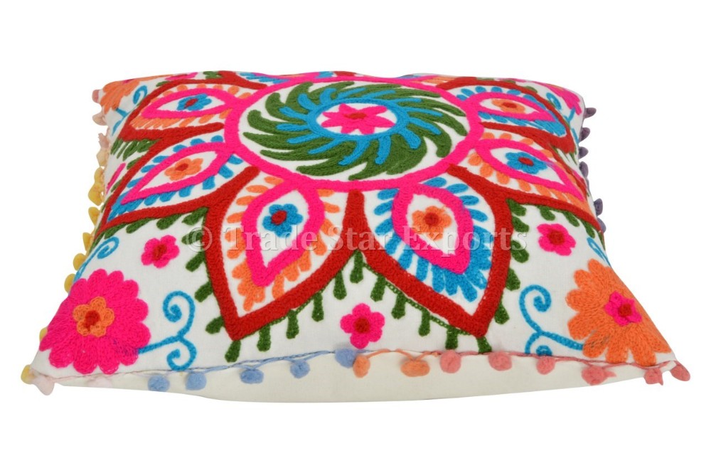インドsuzaniクッションカバー綿枕ケース16 × 16ポンポンポンポンスロー枕シャムス仕入れ・メーカー・工場