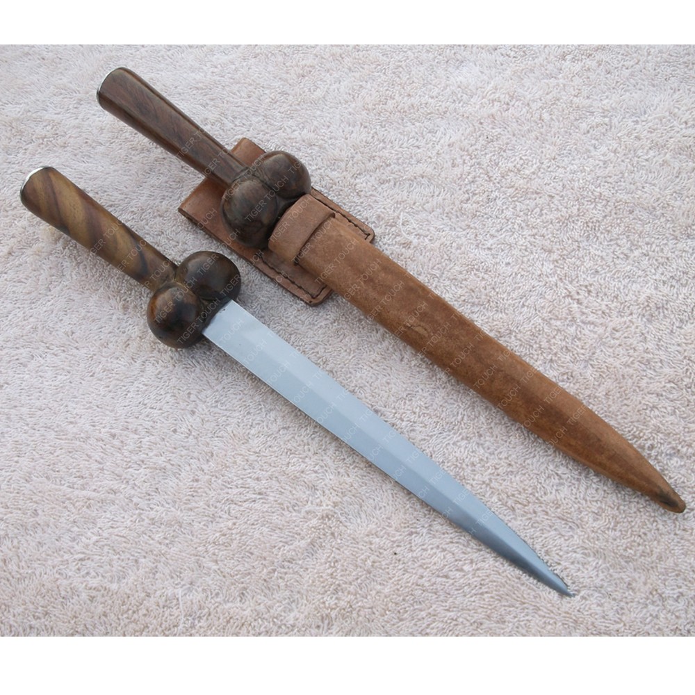 Medieval Small Dagger Double Edged Sharp 1300 And 1500 Handle Wood Leather Scabbard With Strap