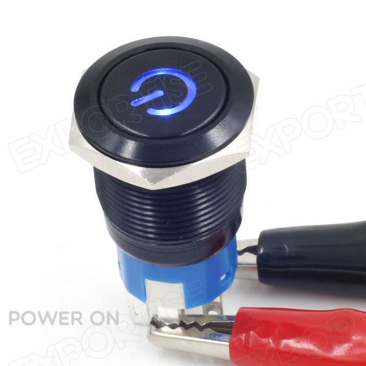 青色の電源リセット可能なシンボル12v19mm角目率いるスイッチプッシュボタン金属販売仕入れ・メーカー・工場