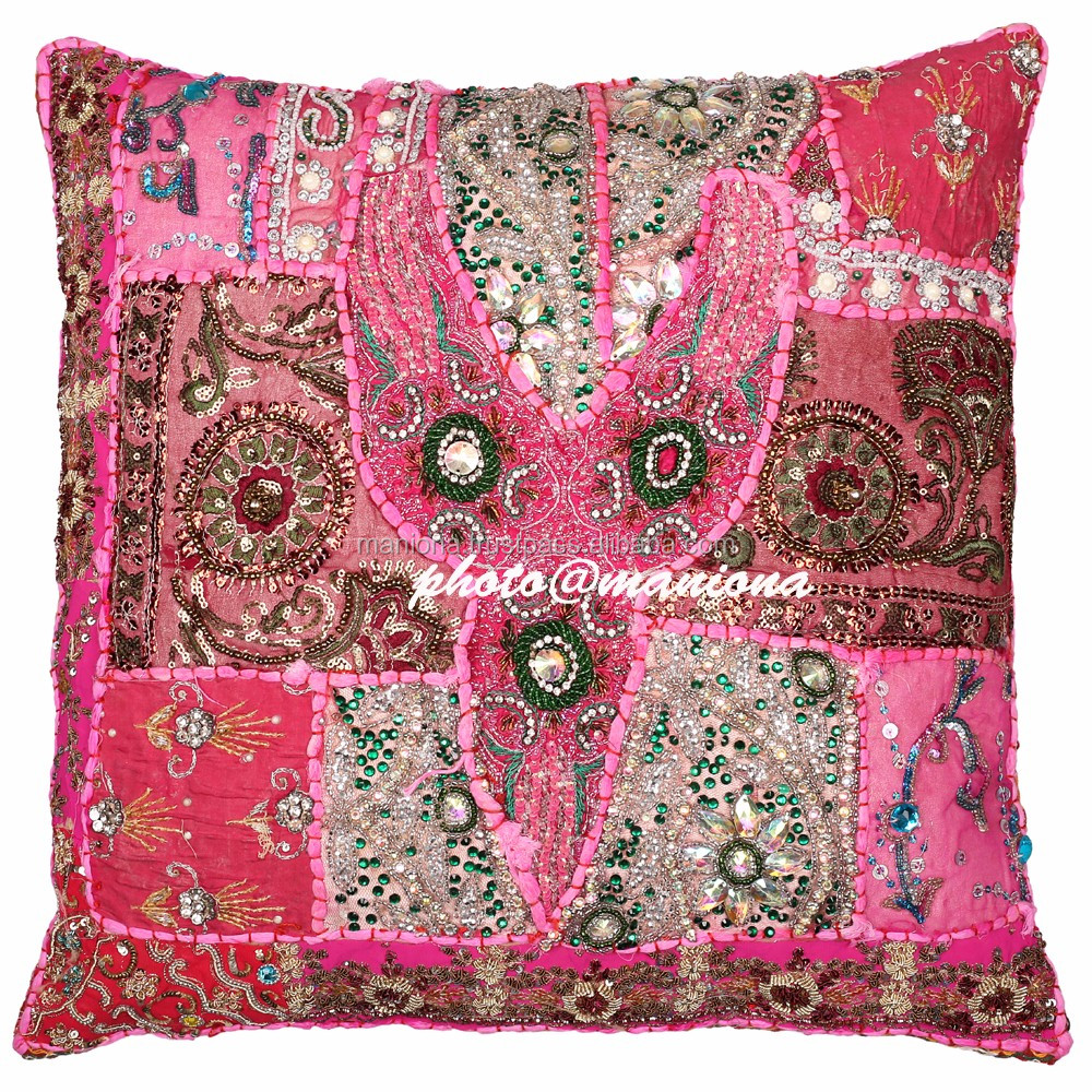 Unique Couch Pillow Cover Hot Pink Beaded Moti Work Embroidered