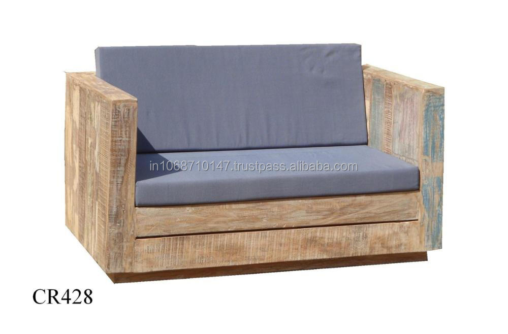 Old Antique Indian Reclaim Wooden Arm Rest Sofa With Grey Seats